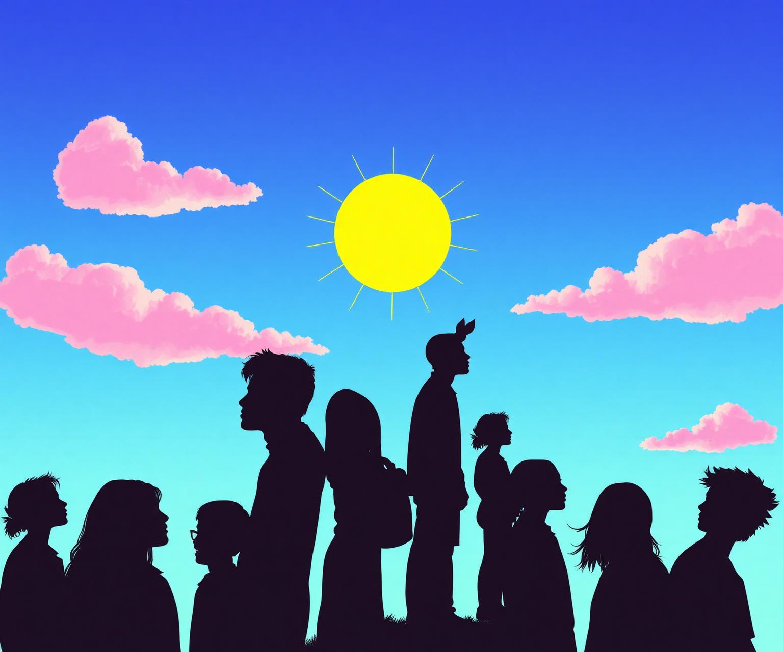 Silhouettes of young people looking up at a yellow sun